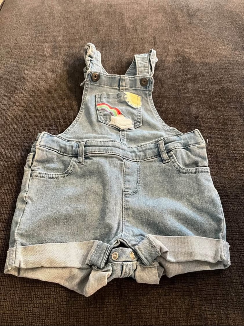 Light Wash Denim Short Overalls with Rainbow Patch - Kids